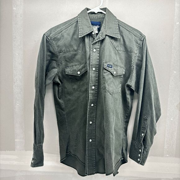 VTG Wrangler Heavy Denim Pearl Snap Work Western Rockabilly Faded Shirt Med Gree - Picture 1 of 4